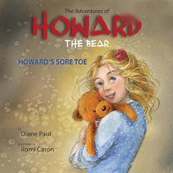 Cover of Howard's Sore Toe: a smiling girl with golden curls hugging Howard, a soft brown teddy bear